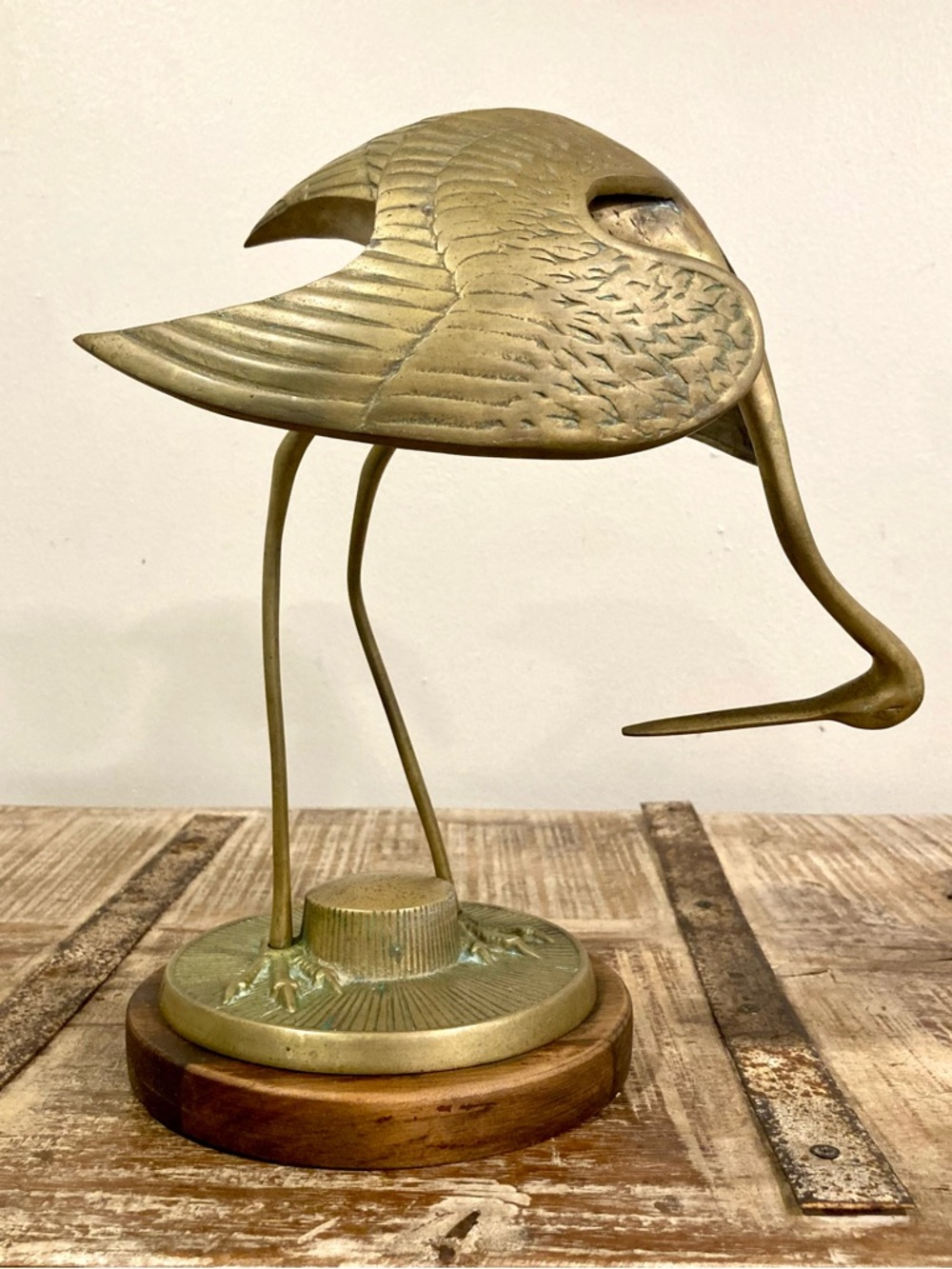 Vintage Crane Sculpture on Wood Base Mid Century Modern Decor 11.5” Brass Color